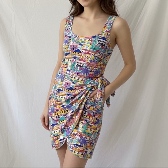 VTG Ken Done 90s Art and Design Colorful City Print Tie Waist Mini Dress Small - Picture 1 of 7